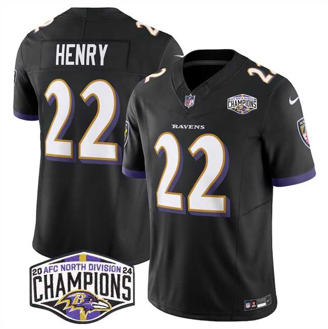 Mens Baltimore Ravens #22 Derrick Henry Black F.U.S.E 2024 AFC North Division Champions Vapor Limited Jersey